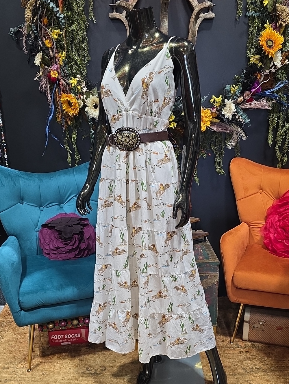 Reba White Maxi Dress with Cowgirl & Desert Print